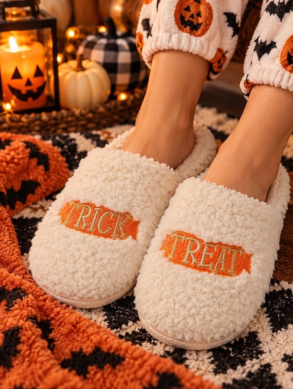 Dluxe by Dearfoams White Fuzzy Trick or Treat Halloween Slippers Women's Lounge
